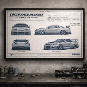 1999 Nissan Skyline GT-R R34 Tetsu Kaze Assault Framed Blueprint Poster