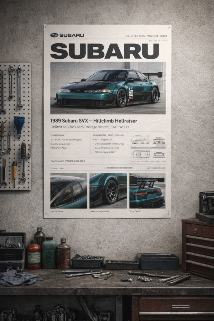 1989 Subaru SVX Hillclimb Hellraiser Collectible Poster