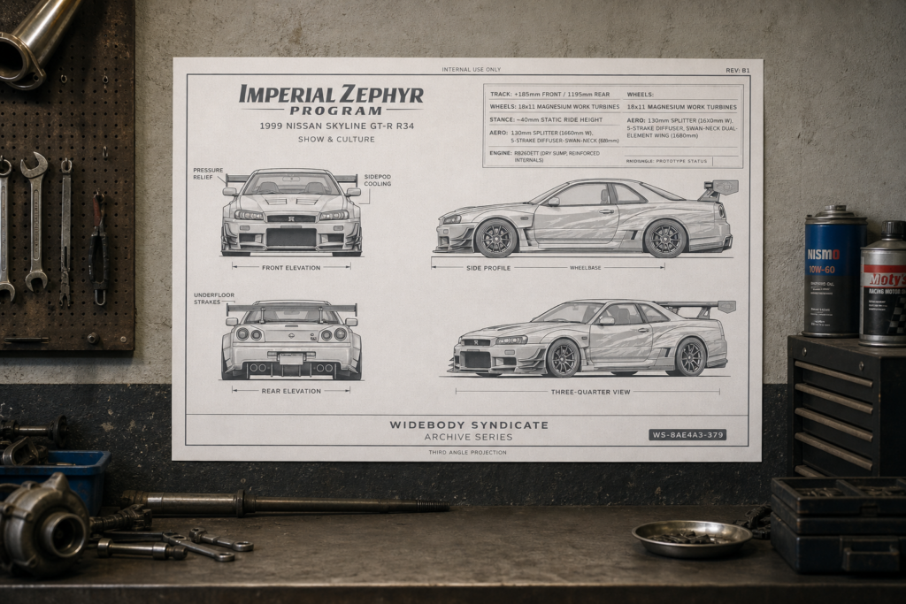 1999 Nissan Skyline GT-R R34 Imperial Zephyr Program Blueprint Poster